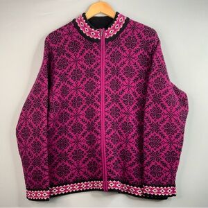 L.L. Bean Vintage Nordic 100% Wool Full Zip XL Pink and Black Cardigan Sweater.